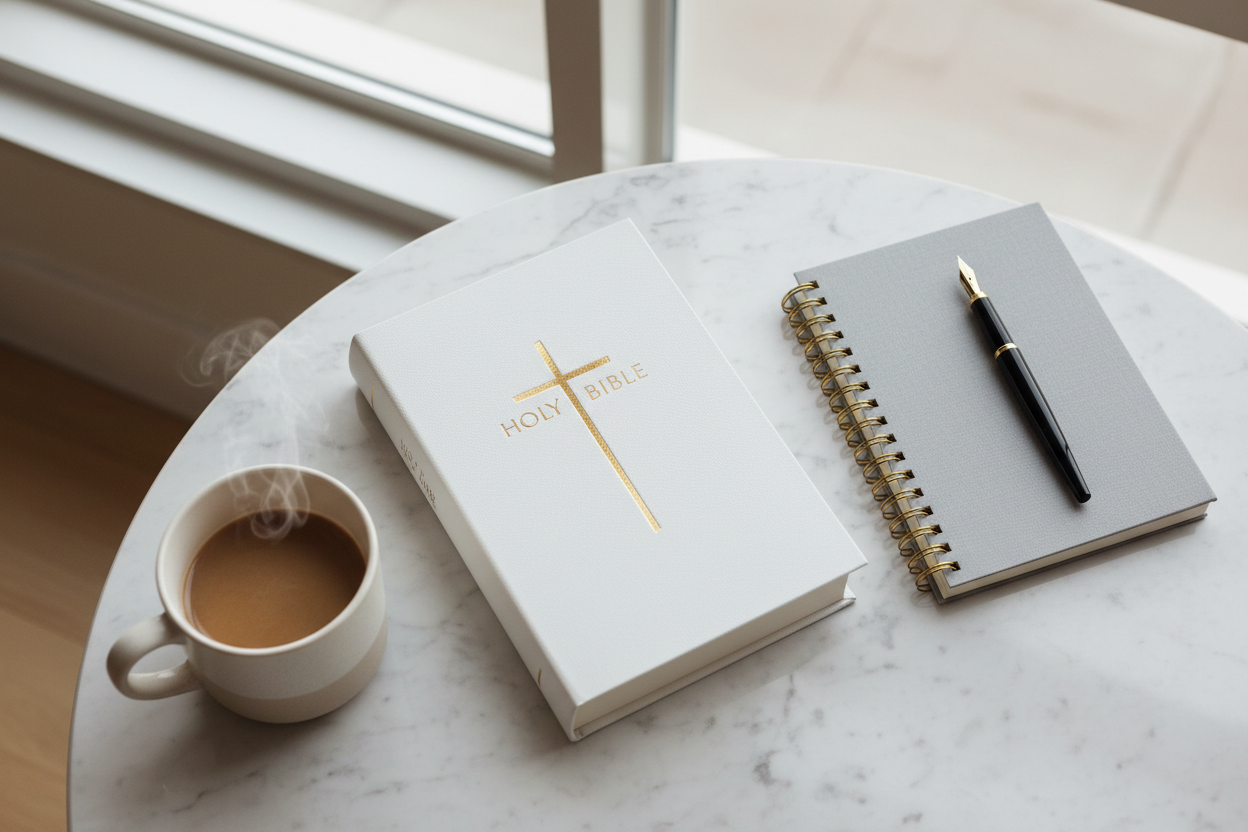 Modern cute holy bible on a marble desk with a note pad and pen slightly next to it and a cup of coffee